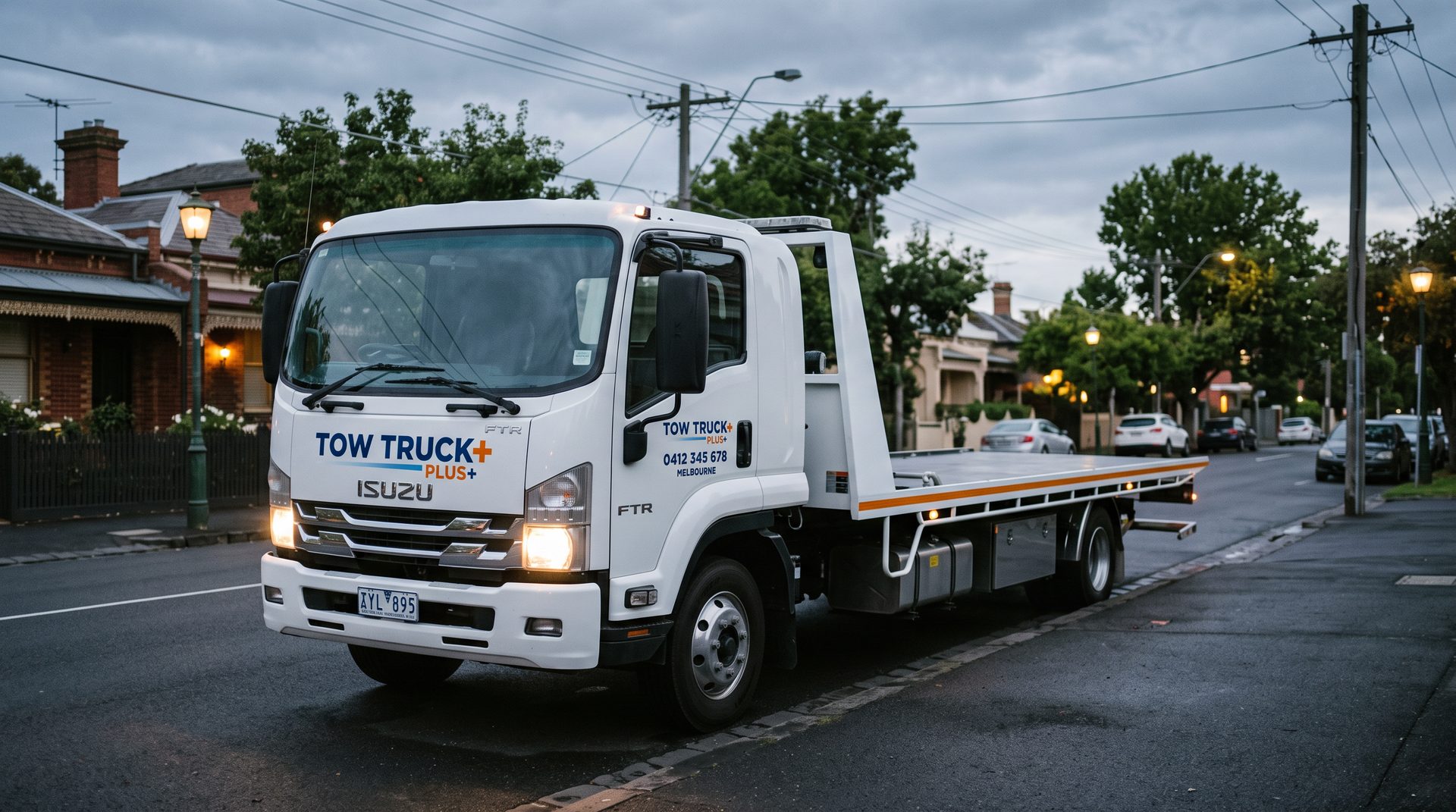 Tow Truck Plus+ tilt tray parked on a Melbourne street at dusk