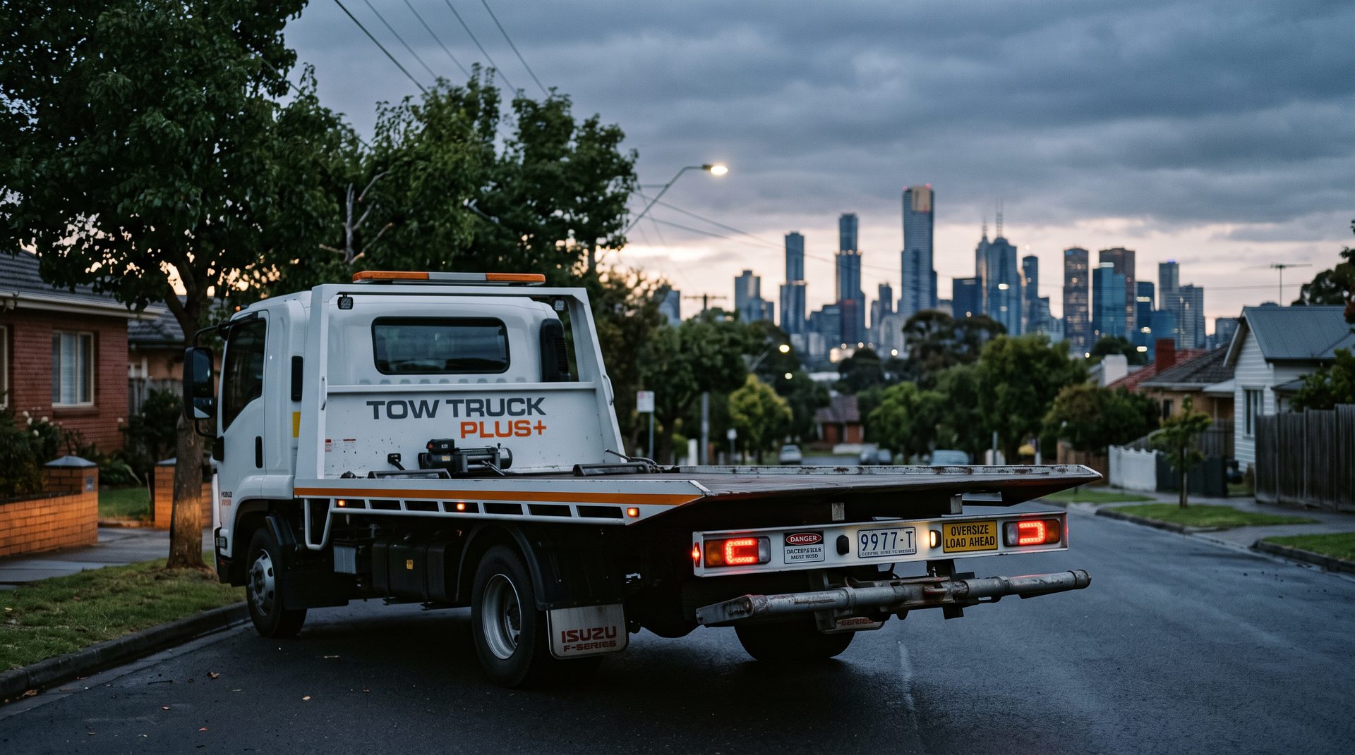 Tow truck with the Melbourne skyline behind