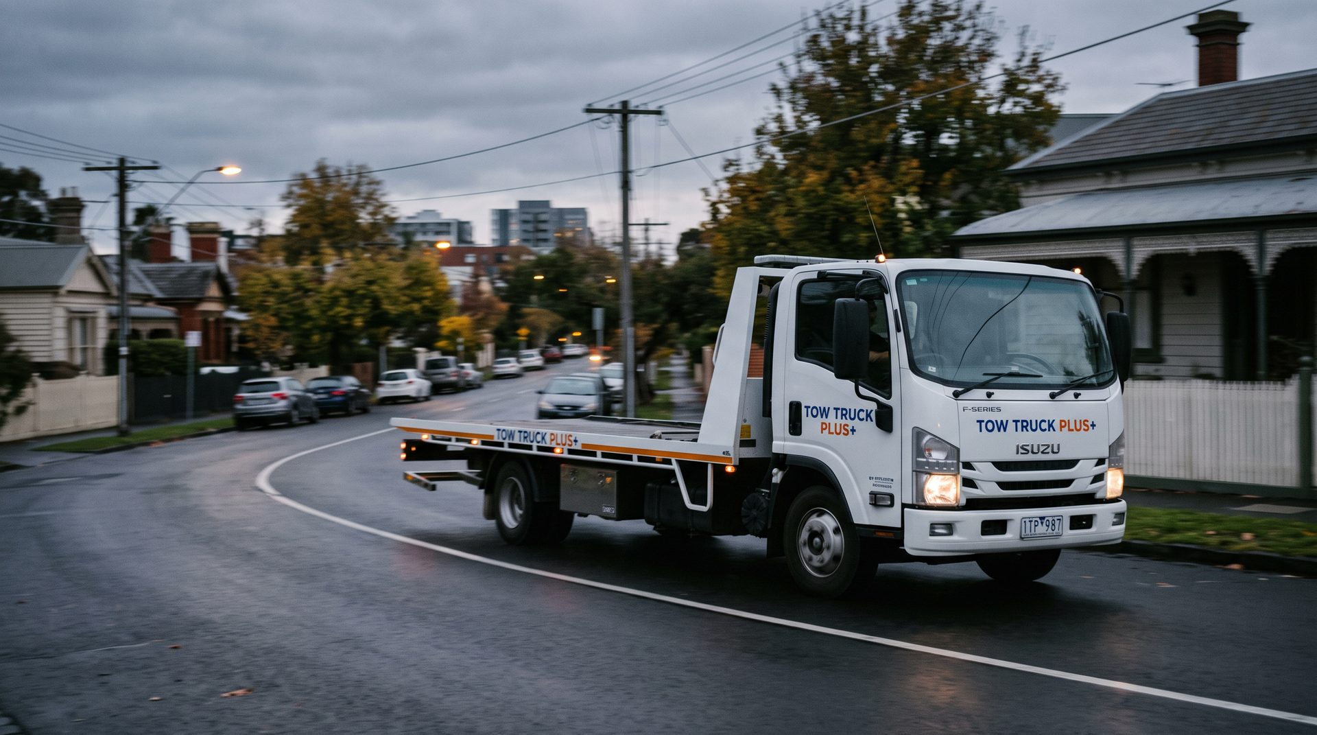 Tow truck on the way through a suburban street